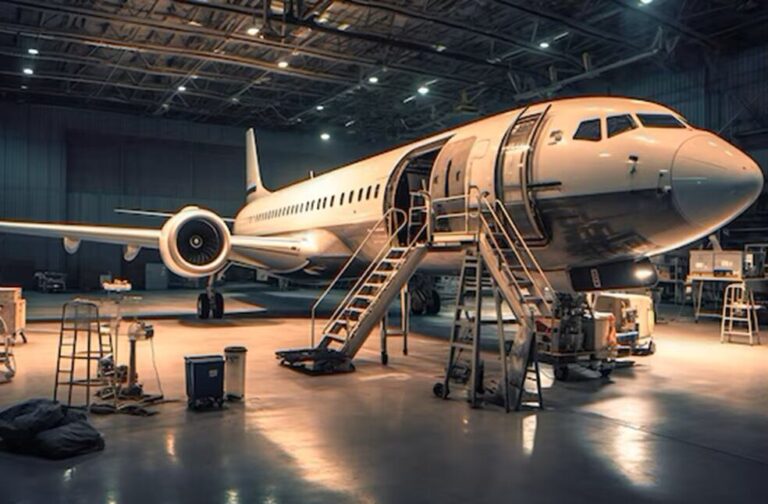 captivating-aerial-shot-passenger-aircraft-its-maintenance-crew-working-together-airport-hangar