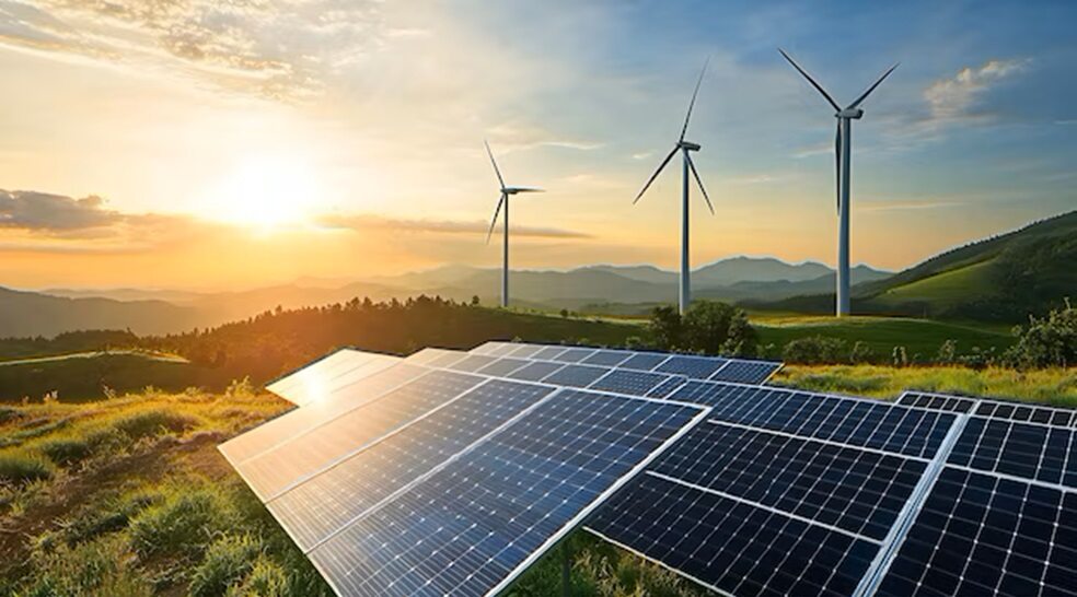 solar-panels-wind-turbines-generating-renewable-energy-scenic-landscape-sunset