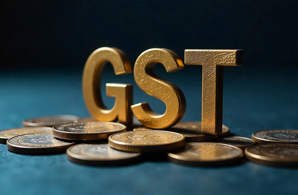 Close-up of golden 'GST' letters resting on a pile of Indian Rupee coins.