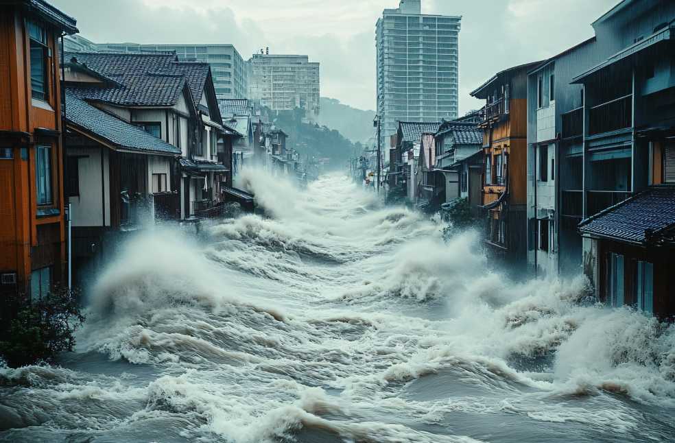 Wave crashing into the city and damaging structures