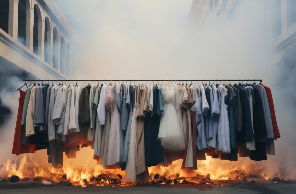 Fast fashion concept with pile of clothing set on fire