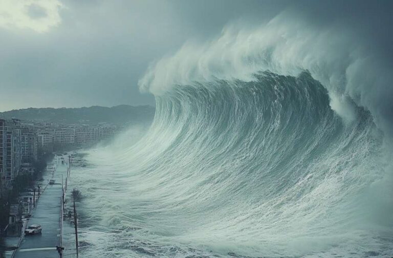 World Tsunami Awareness Day 2025 calls for global preparedness A tsunami wave crashing into the city and damaging structures