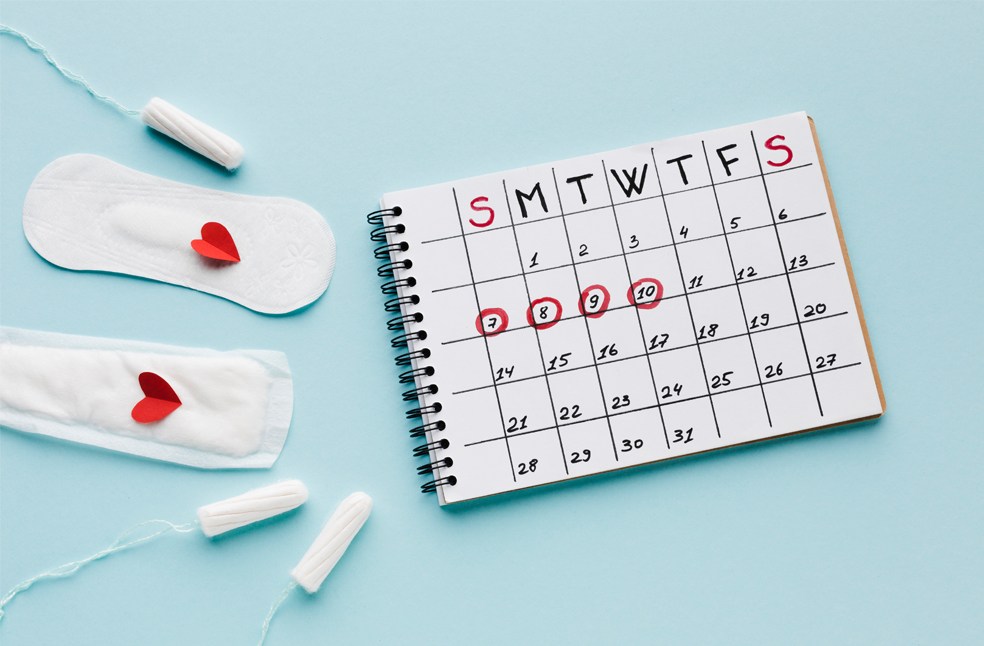 Menstrual calendar concept and sanitary items