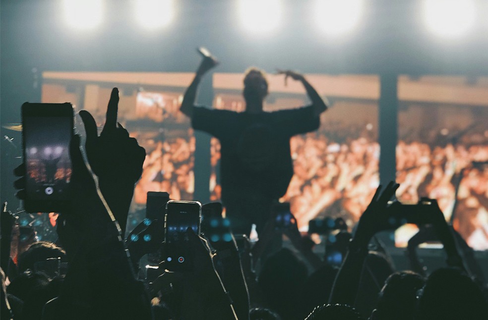 A musician at a concert and cheering audience