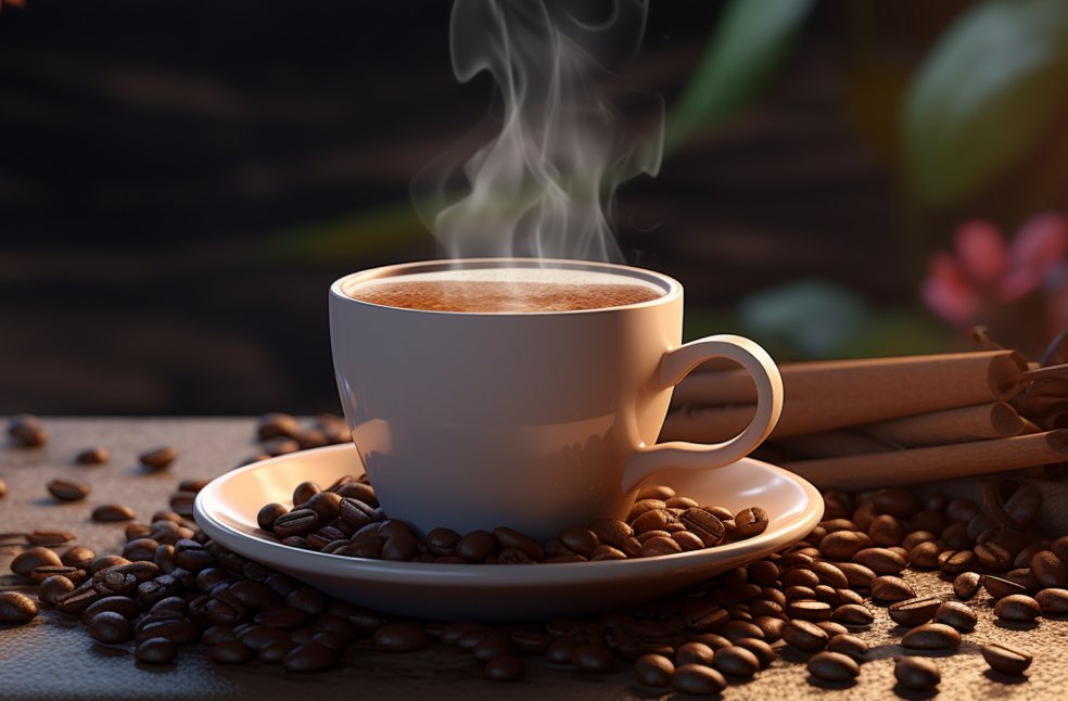 View of coffee cup with roasted coffee beans