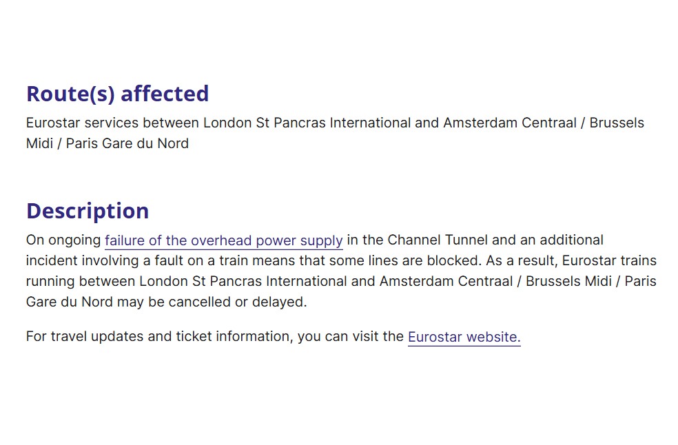 Eurostar travel delay- Image Via-National Rail