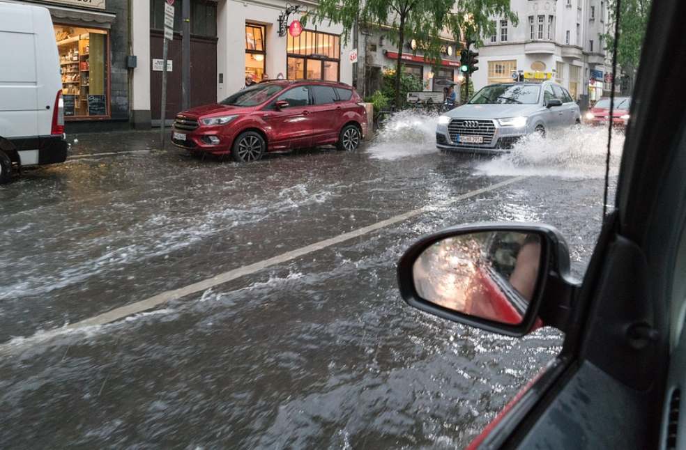 California road submerged under floodwater