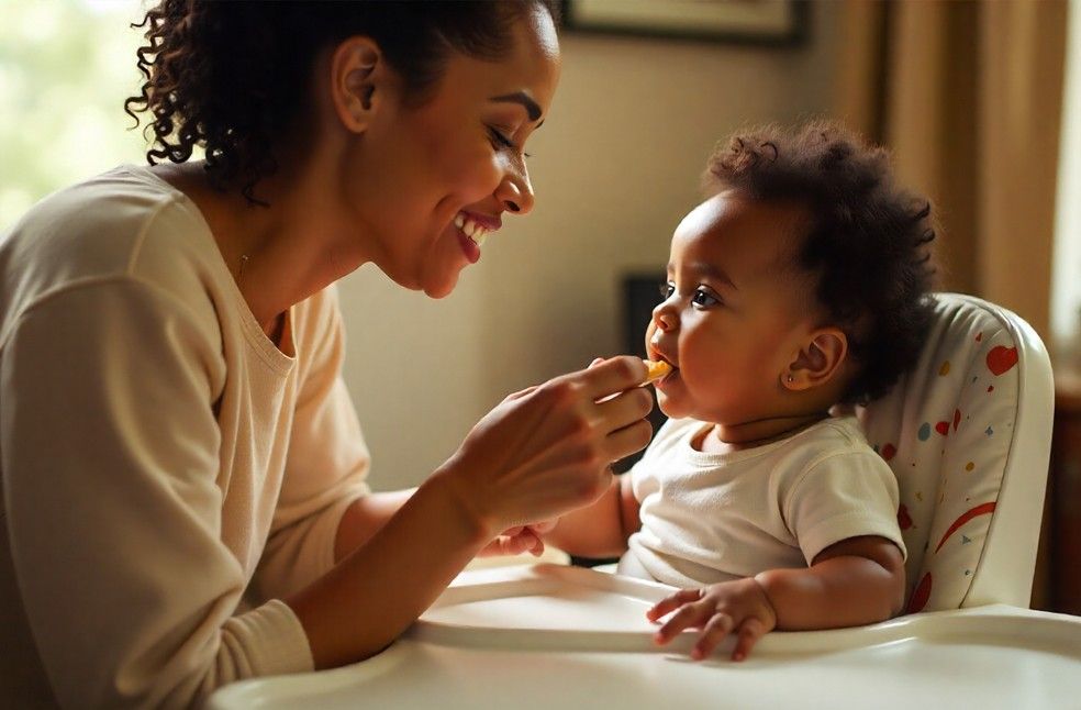 Mom giving food to baby