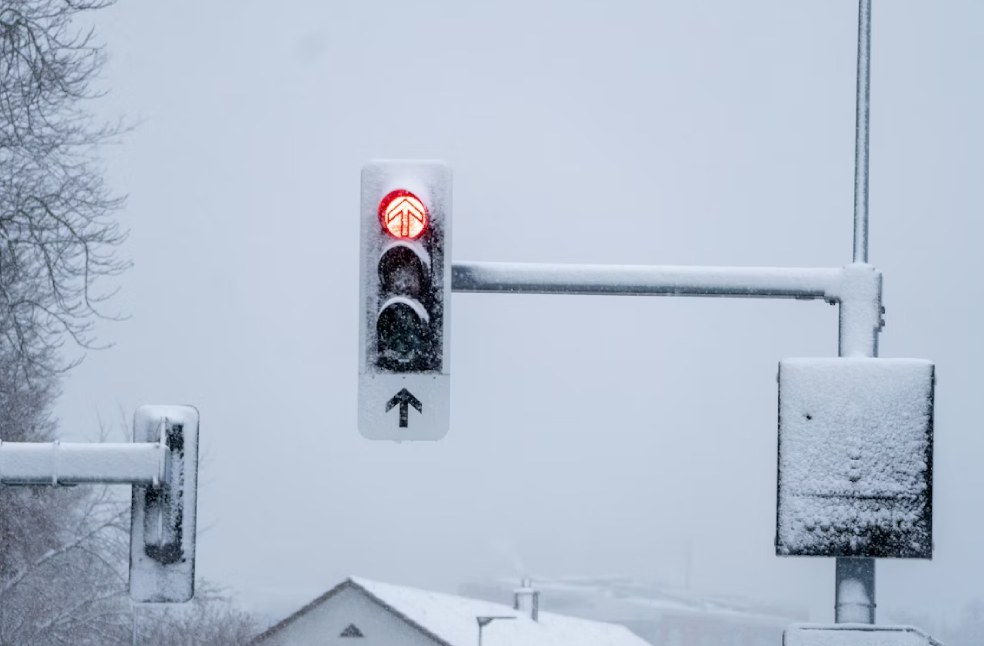 A snow-covered traffic light