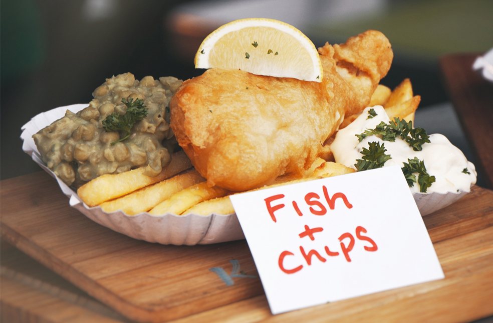 Fish and Chips served on a table