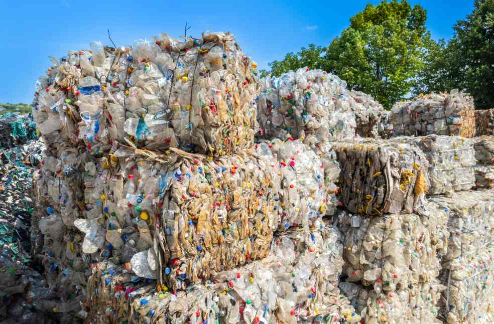 Multiple cubes of compressed plastic garbage