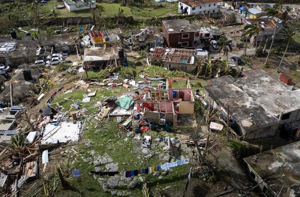 Aerial photo showing extensive hurricane damage in a residential area