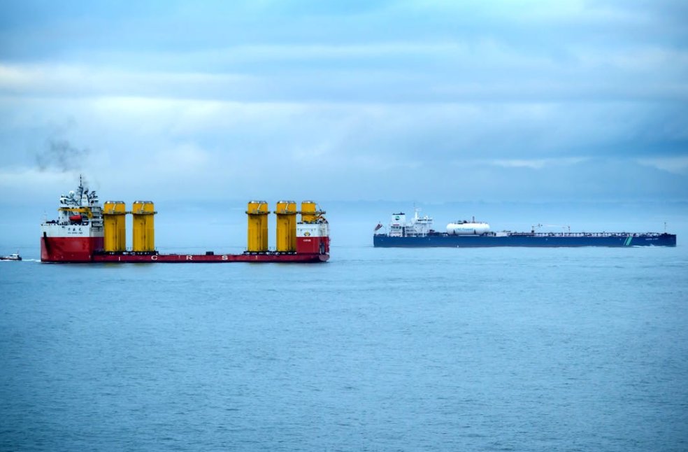 Two massive cargo ships navigate the serene ocean under a cloudy sky