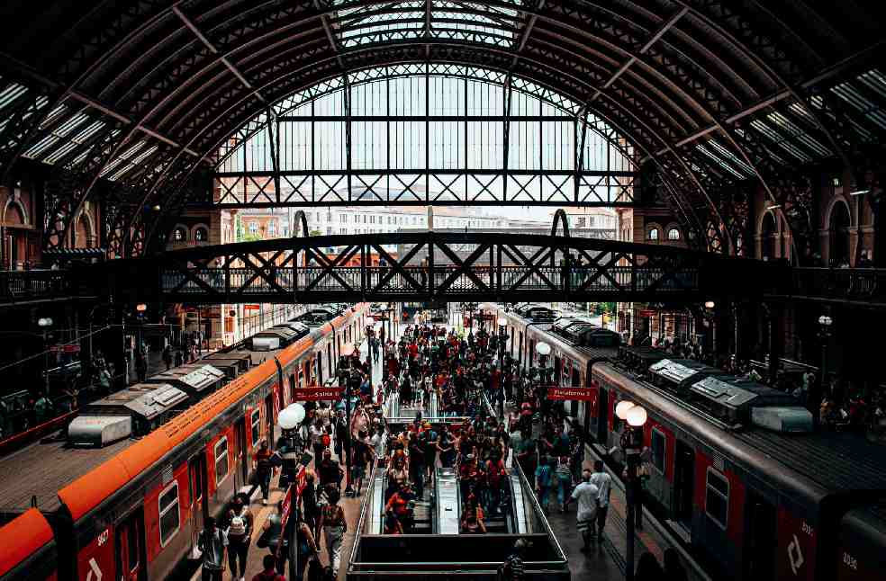 A bustling scene of people at a historic train station with arched roof and platforms