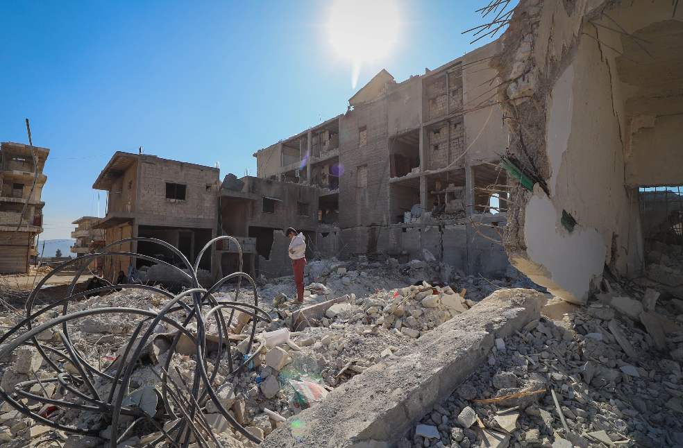 A destroyed urban area in Idlib, Syria depicting the aftermath of conflict and devastation