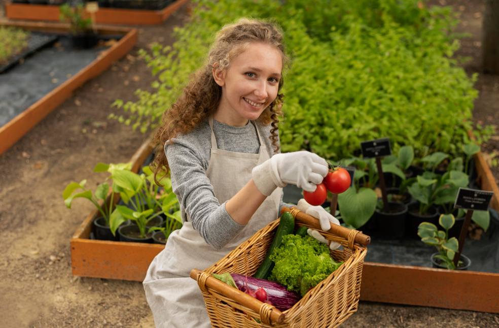 Medium shot woman holding vegetables basket