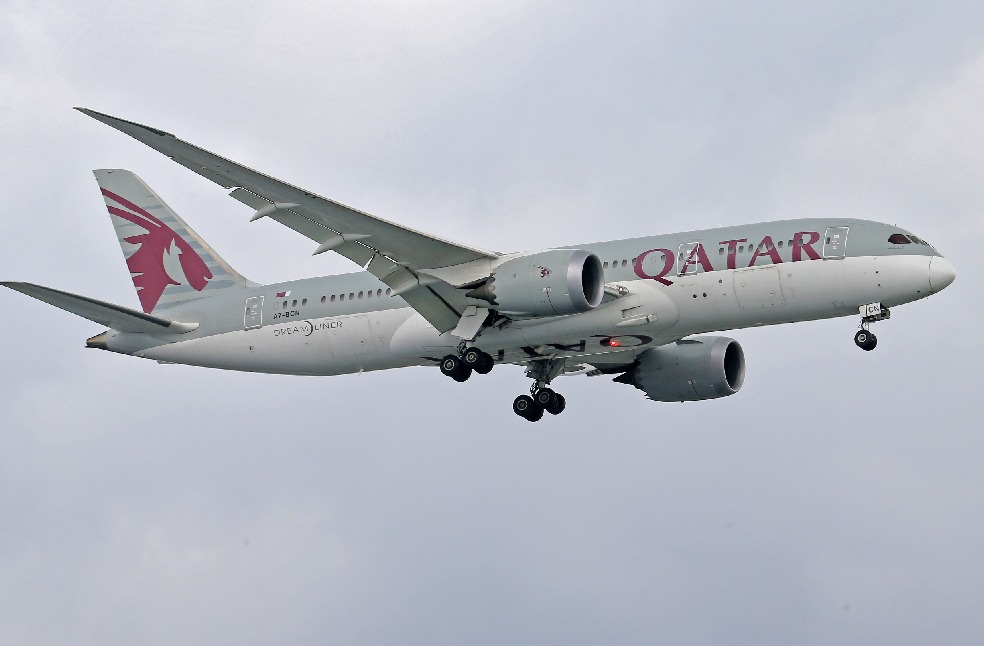 Qatar Airways Boeing 787 Dreamliner soaring against a cloudy sky, showcasing aviation elegance