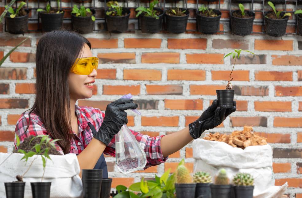 woman smiling while growing plant