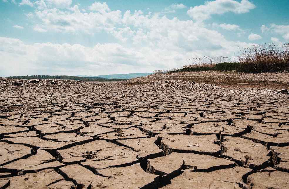 A stark landscape of cracked dry earth beneath a clear blue sky, depicting arid climate and drought