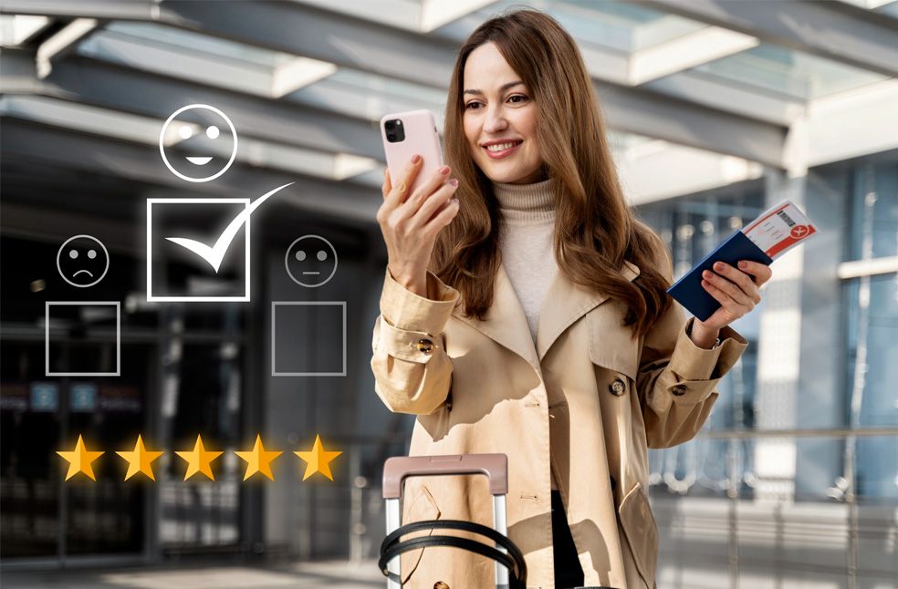 A woman looking at hotel reviews