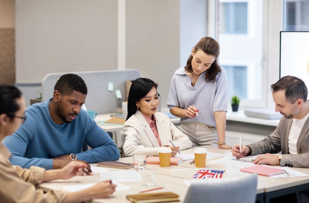 People learning new language at work