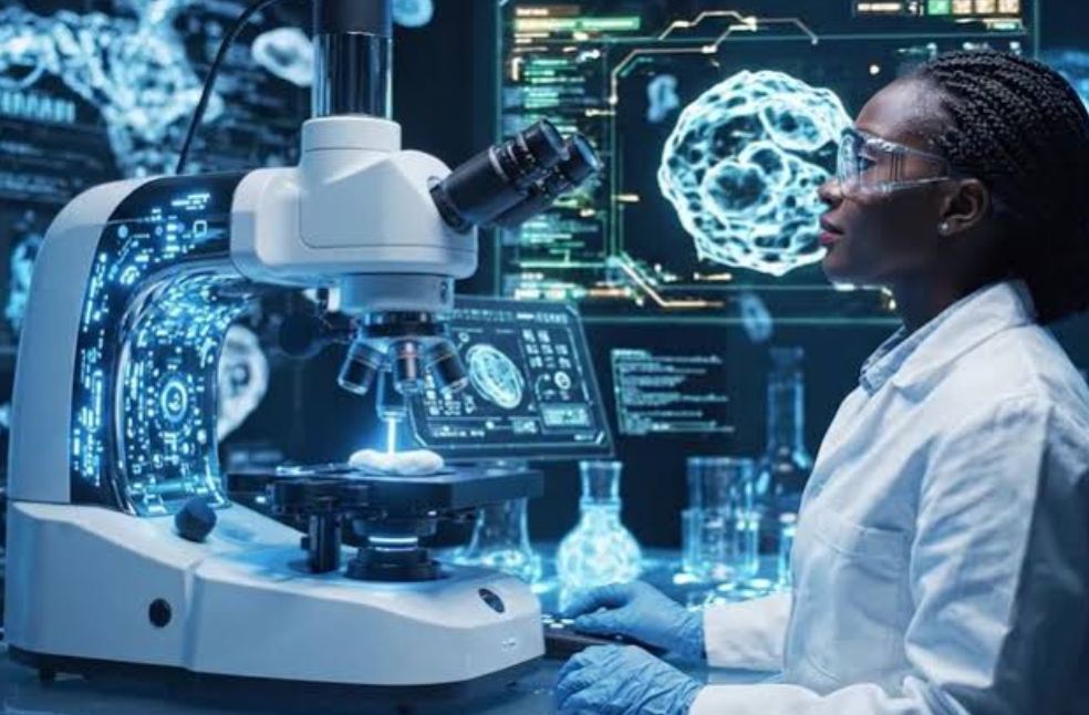 A scientist examining DNA data on a large monitor with AI-generated biological patterns