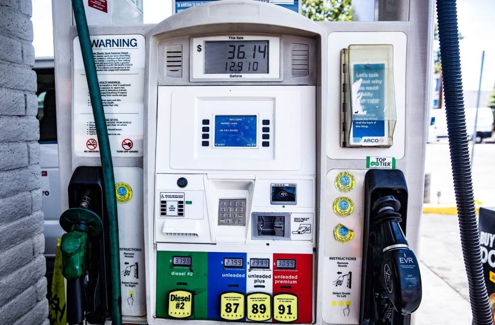 Close-up of a fuel pump showing gasoline and diesel options