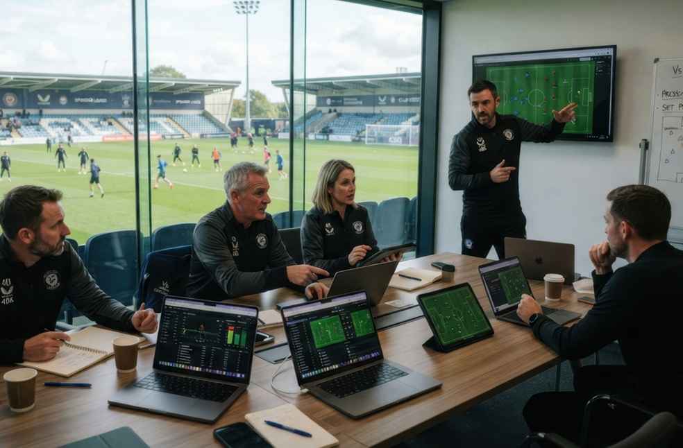 Soccer coaching staff reviewing tactics on laptops and a wall display, illustrating FIFA 2026 World Cup Lessons.
