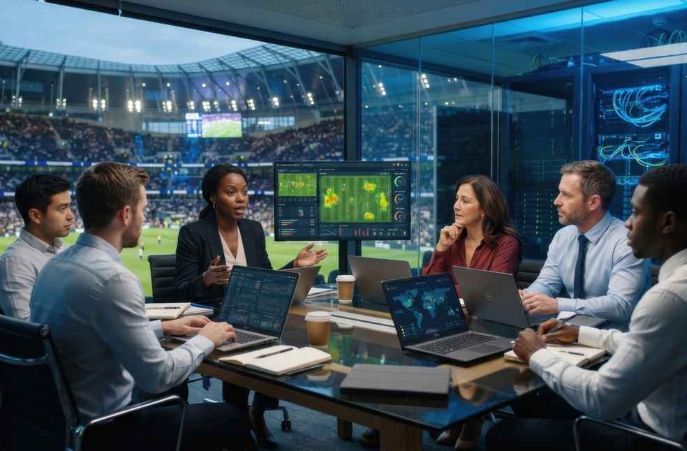 Team reviewing soccer performance data and heat maps in a stadium meeting room, illustrating FIFA 2026 World Cup Lessons.