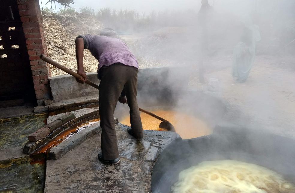 A rural worker processes sugarcane over a steaming vat in an outdoor setting.
