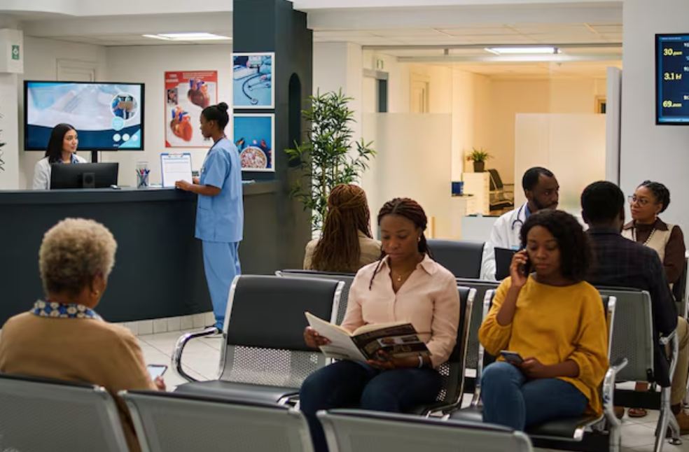 Patients waiting for medical appointments in a UK hospital