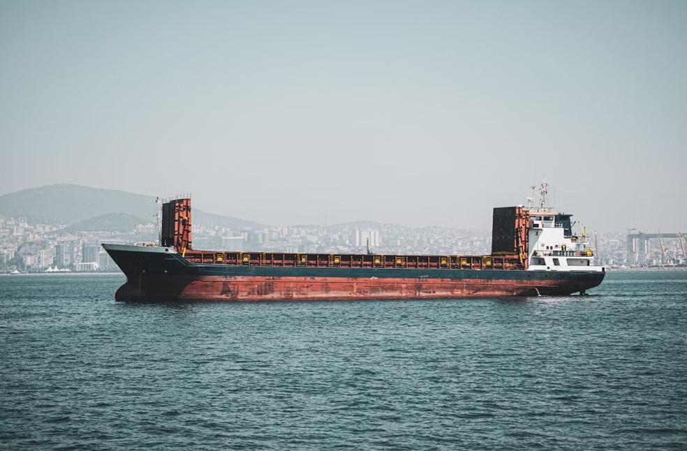 Cargo ship with city backdrop, emphasizing maritime transport