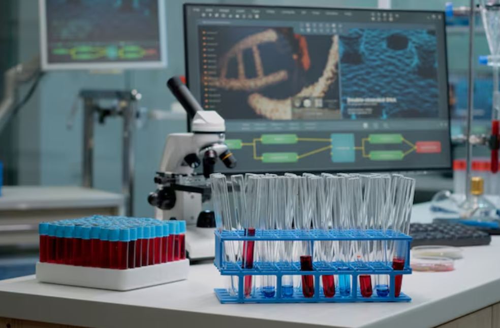 Medical laboratory with microscope and tissue sample containers