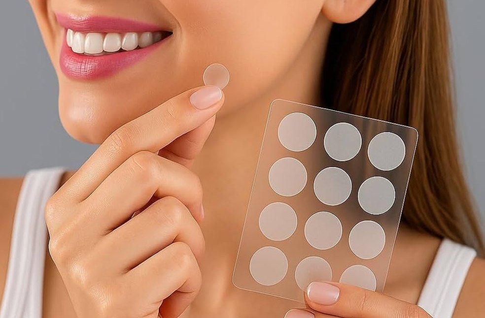 A woman using pimple patch